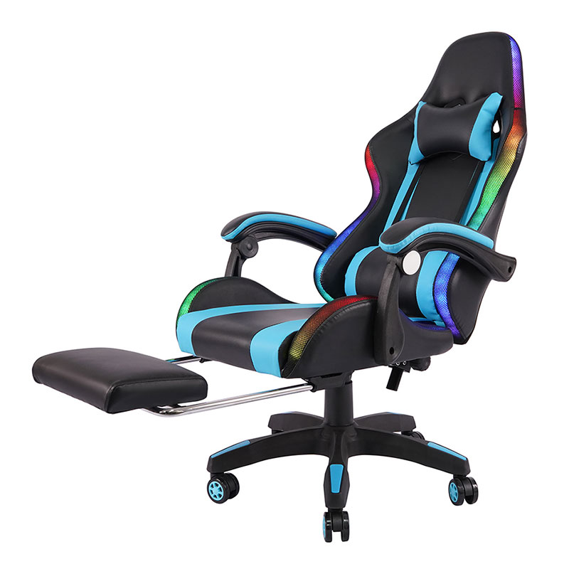 Cadeira de jogos LED giratória profissional azul com apoio de braço ajustável RGB Gamer com apoio para os pés (Y-2442)