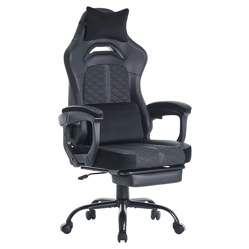 Cadeira ergonômica de couro ajustável preta para jogos, cadeira reclinável para jogos com apoio lombar e apoio para os pés (T-7138)